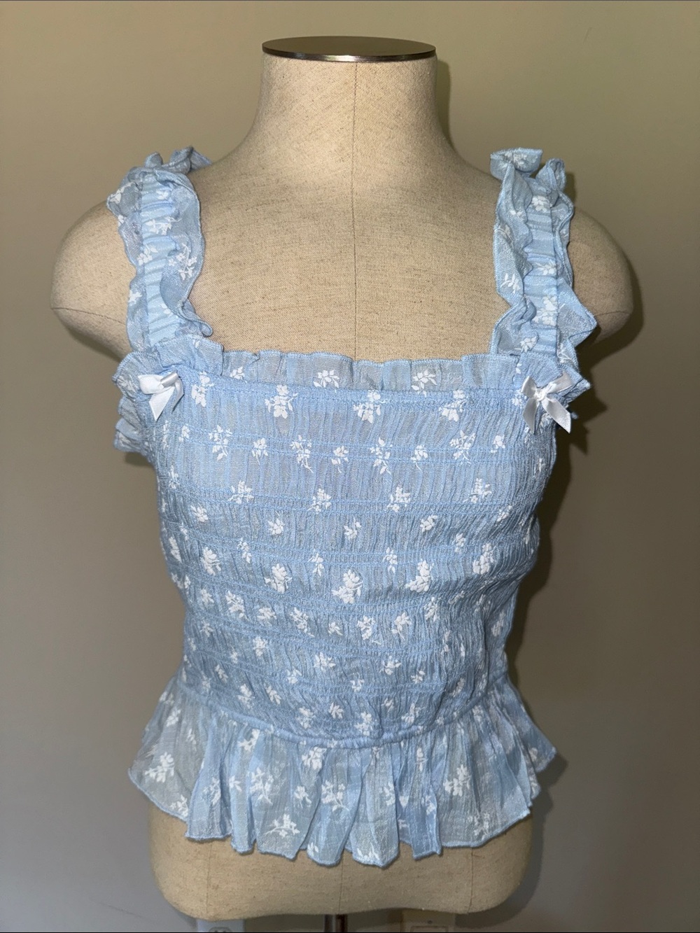 Smocked Light Blue Floral Ruffle Tank Top - Kids